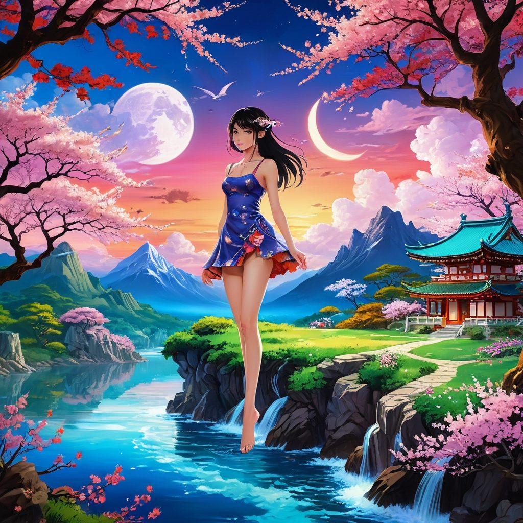 A vibrant collage depicting various fantastical worlds of adult animation, featuring beautifully illustrated landscapes from hentai and erotic manga. Include playful and alluring characters in unique poses, surrounded by intricate details like glowing cherry blossoms and swirling clouds. The scene should evoke an adventurous spirit, blending sensuality and creativity, while maintaining a respectful representation of the genre. vibrant colors. dynamic composition. digital painting.