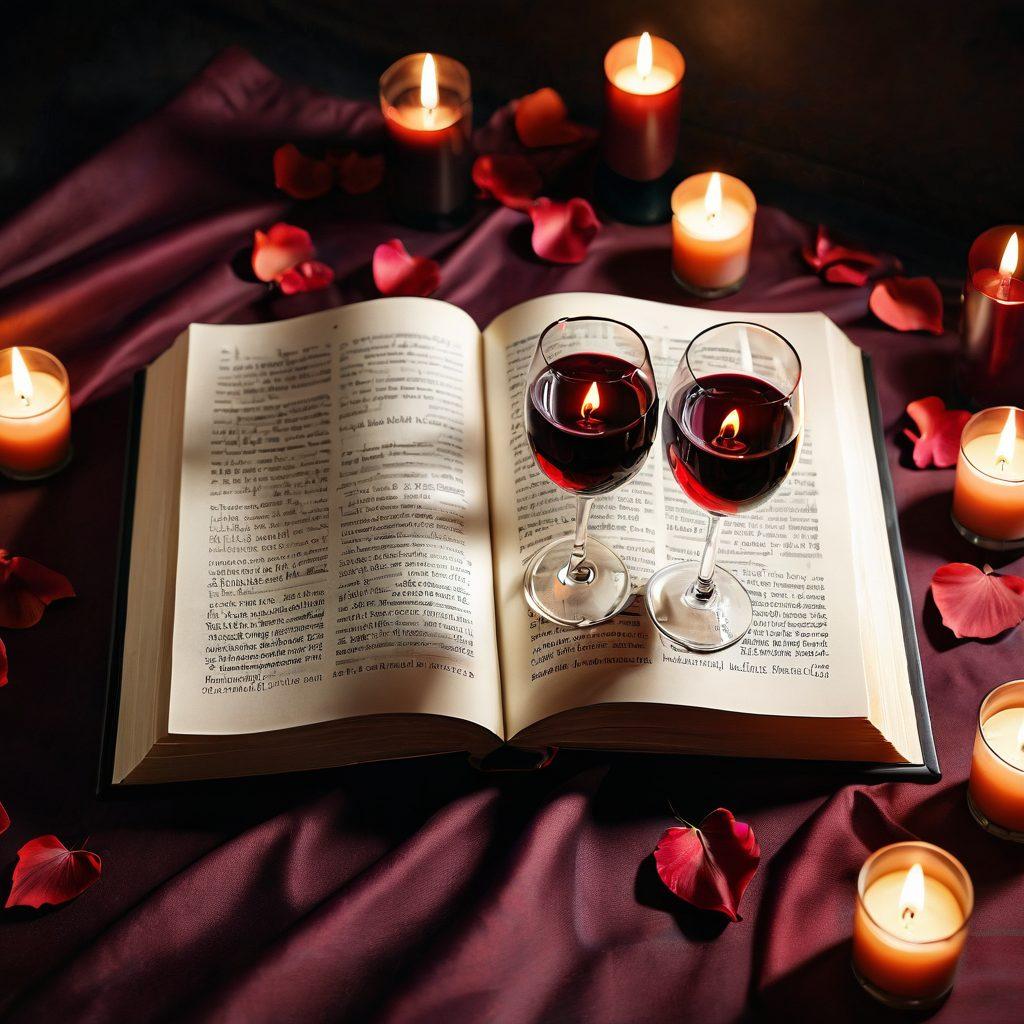 A beautifully styled open book with pages adorned with subtle illustrations of various kinks and sensual themes. The book is surrounded by soft, inviting candlelight and plush fabrics, exuding a warm and intimate atmosphere. Scattered rose petals and a glass of red wine add to the allure, while shadows play delicately on the nearby walls. The overall composition conveys an air of exploration and intimacy, with deep, rich colors that evoke passion. painting. vibrant colors.